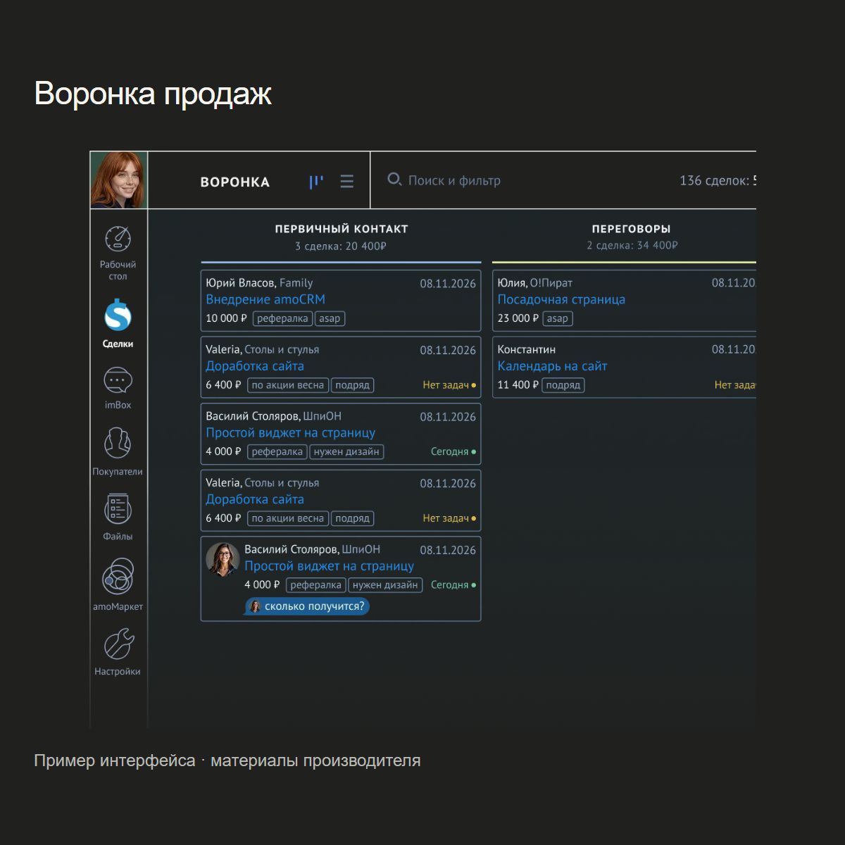 amoCRM — воронка продаж. Официальный пример интерфейса